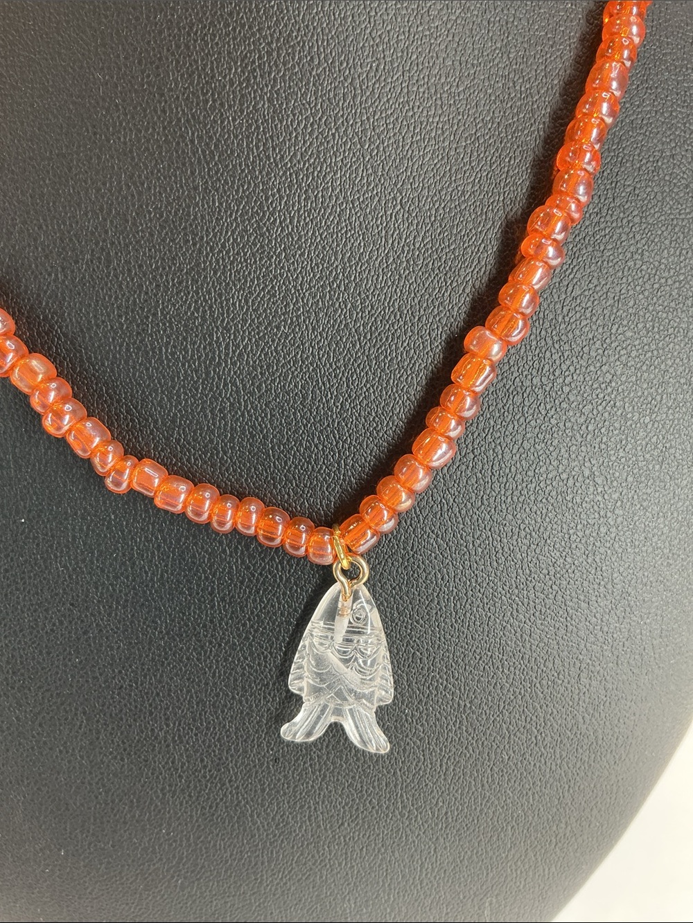 Mayamar Orange Glass Bead Necklace with Clear Fish Charm